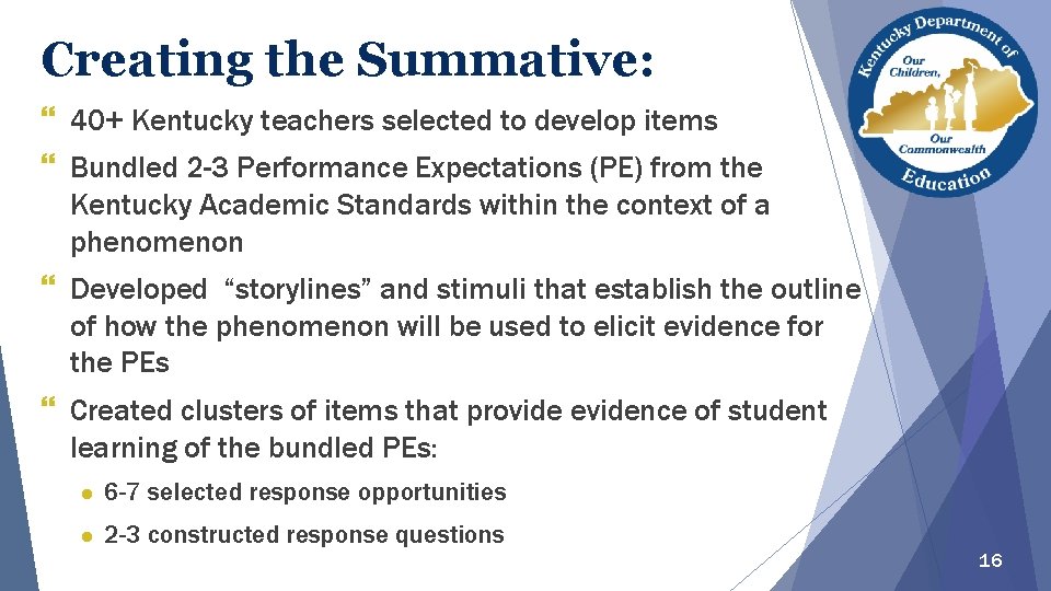 Creating the Summative: } 40+ Kentucky teachers selected to develop items } Bundled 2