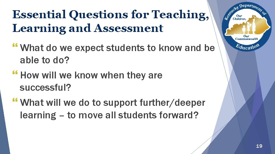 Essential Questions for Teaching, Learning and Assessment } What do we expect students to