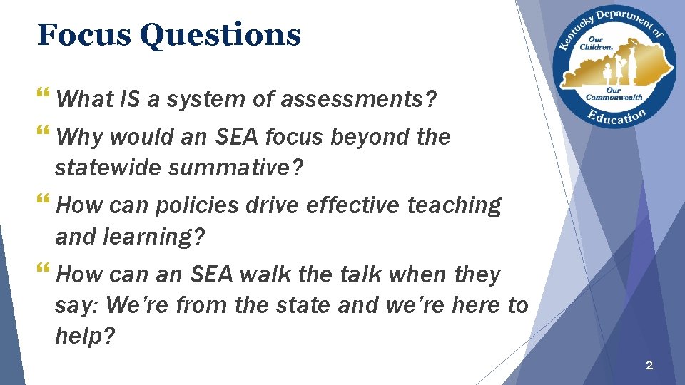 Focus Questions } What IS a system of assessments? } Why would an SEA