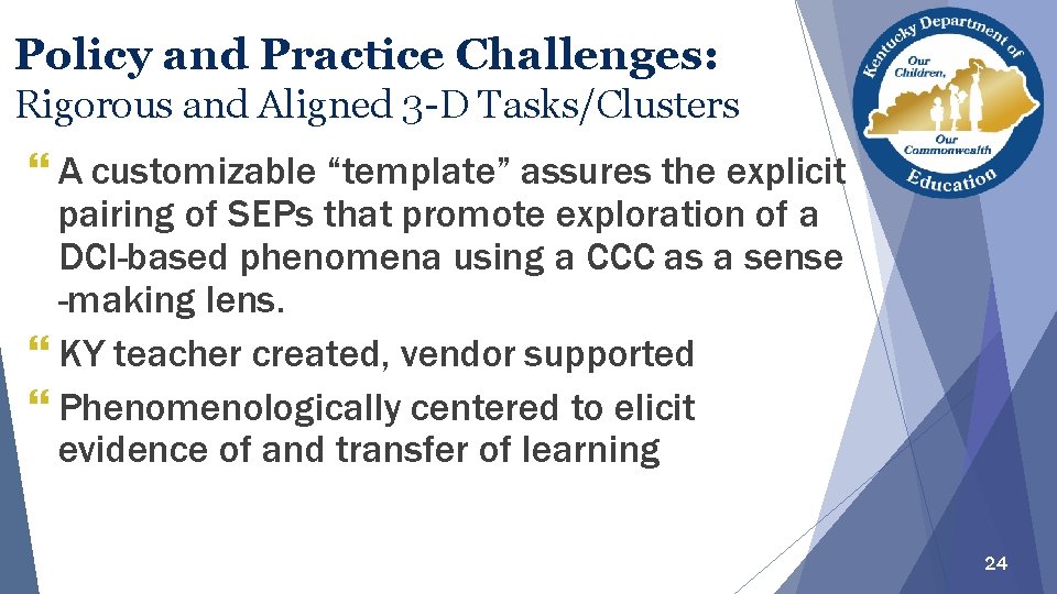 Policy and Practice Challenges: Rigorous and Aligned 3 -D Tasks/Clusters } A customizable “template”