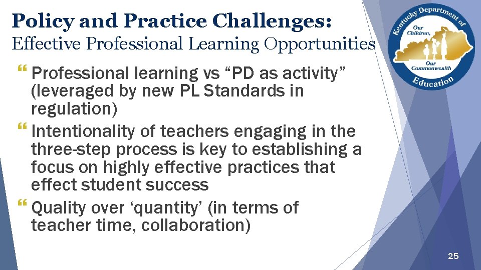 Policy and Practice Challenges: Effective Professional Learning Opportunities } Professional learning vs “PD as