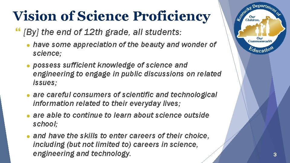 Vision of Science Proficiency } [By] the end of 12 th grade, all students: