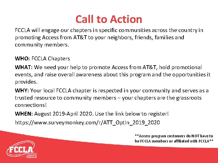 Call to Action FCCLA will engage our chapters in specific communities across the country