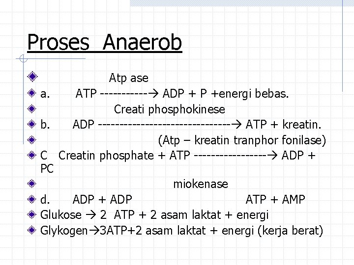 Proses Anaerob Atp ase a. ATP ------ ADP + P +energi bebas. Creati phosphokinese