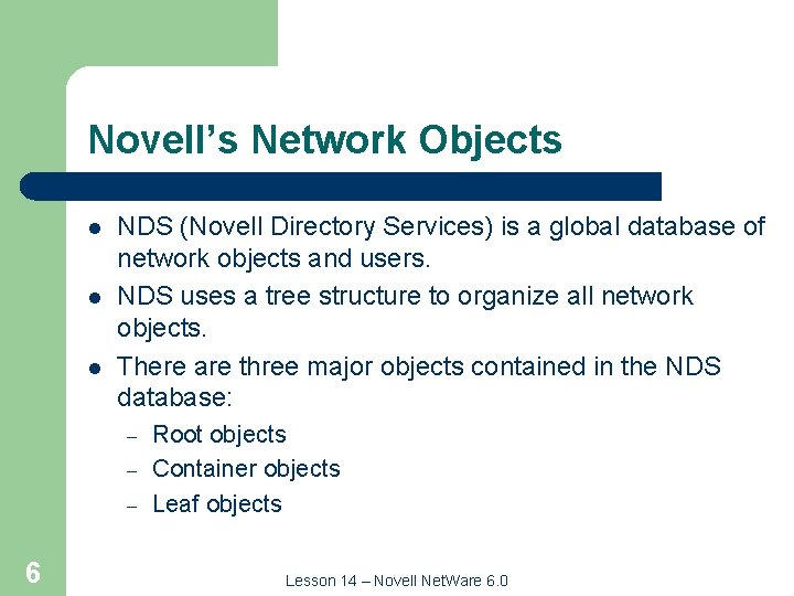 Novell’s Network Objects l l l NDS (Novell Directory Services) is a global database