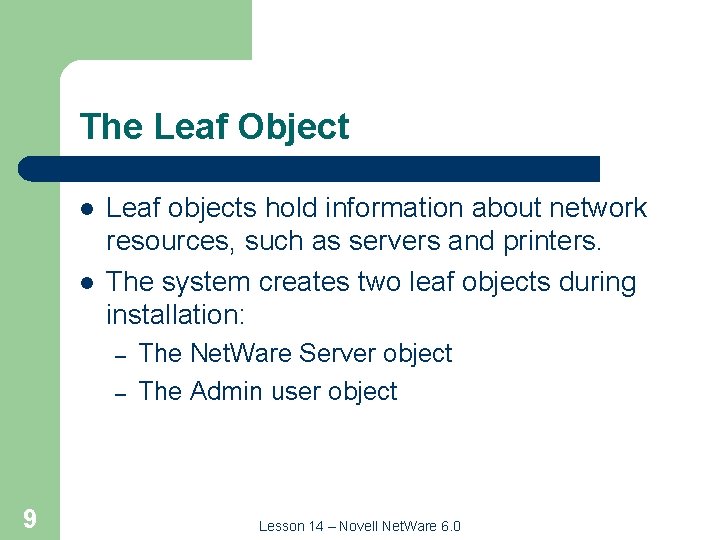 The Leaf Object l l Leaf objects hold information about network resources, such as