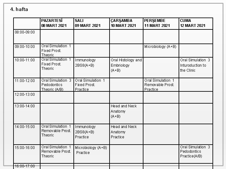 4. hafta PAZARTESİ 08 MART 2021 SALI 09 MART 2021 ÇARŞAMBA 10 MART 2021