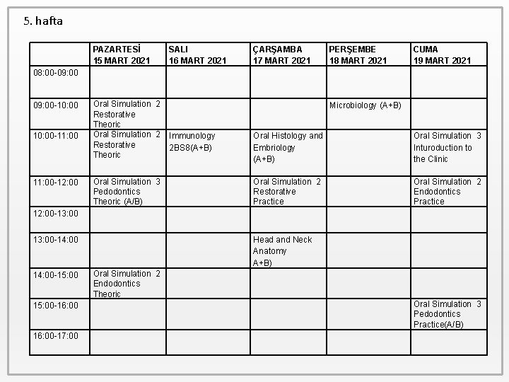 5. hafta PAZARTESİ 15 MART 2021 SALI 16 MART 2021 ÇARŞAMBA 17 MART 2021