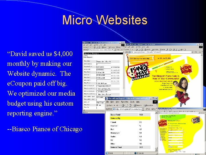 Micro Websites “David saved us $4, 000 monthly by making our Website dynamic. The