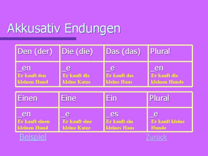 Akkusativ Endungen Den (der) Die (die) Das (das) Plural _en _e _e _en Eine