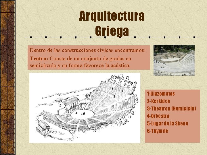 Arquitectura Griega Dentro de las construcciones cívicas encontramos: Teatro: Consta de un conjunto de