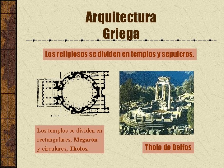 Arquitectura Griega Los religiosos se dividen en templos y sepulcros. Los templos se dividen