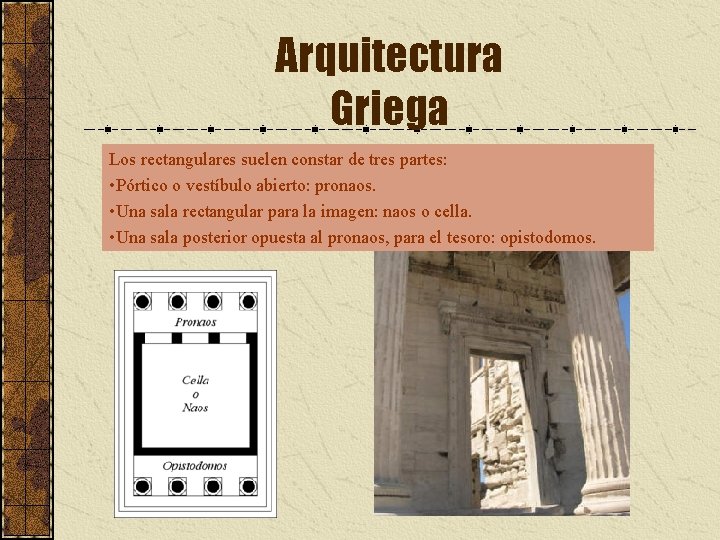 Arquitectura Griega Los rectangulares suelen constar de tres partes: • Pórtico o vestíbulo abierto: