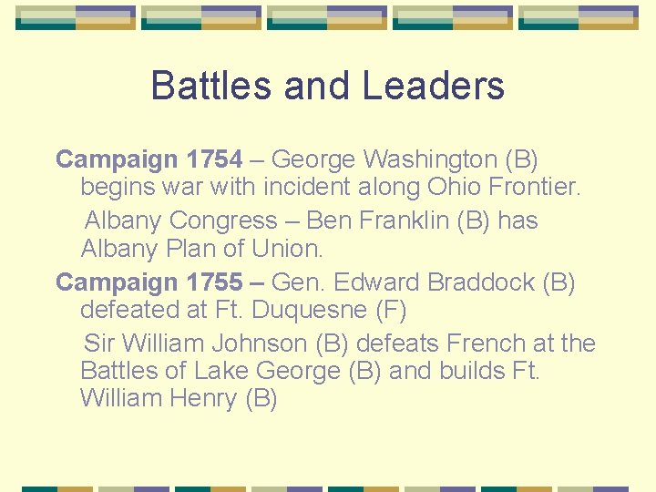 Battles and Leaders Campaign 1754 – George Washington (B) begins war with incident along