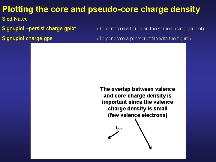 Plotting the core and pseudo-core charge density $ cd Na. cc $ gnuplot –persist
