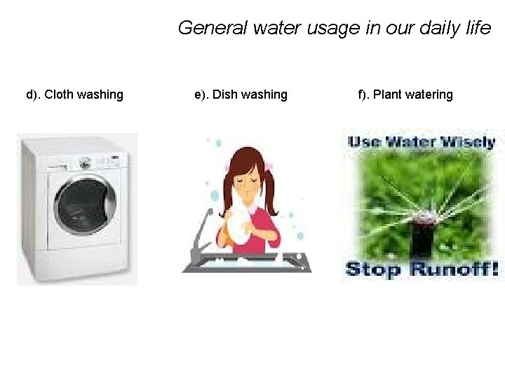 General water usage in our daily life d). Cloth washing e). Dish washing f).