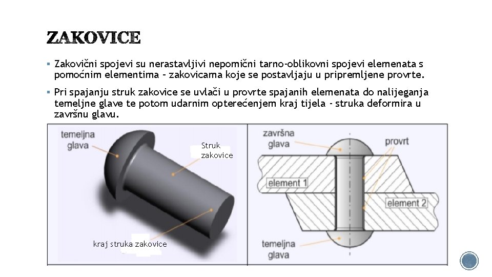 § Zakovični spojevi su nerastavljivi nepomični tarno-oblikovni spojevi elemenata s pomoćnim elementima – zakovicama