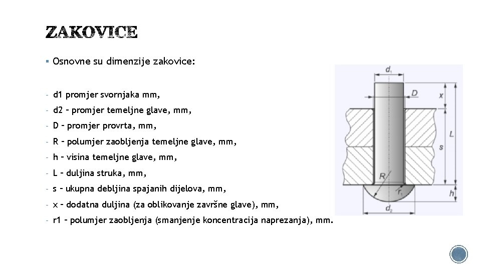 § Osnovne su dimenzije zakovice: - d 1 promjer svornjaka mm, - d 2