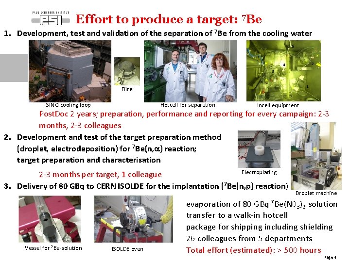 Effort to produce a target: 7 Be 1. Development, test and validation of the