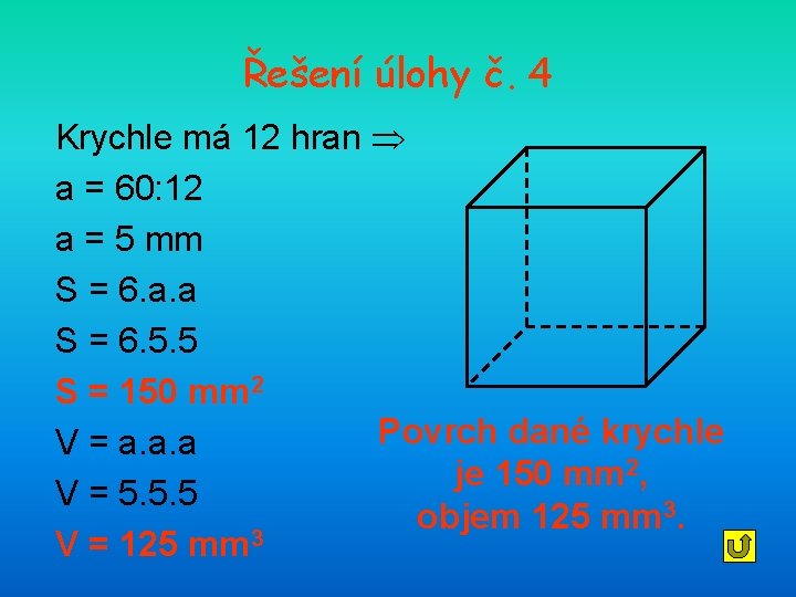 Řešení úlohy č. 4 Krychle má 12 hran a = 60: 12 a =