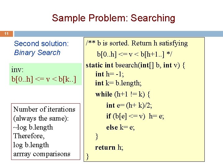 Sample Problem: Searching 11 Second solution: Binary Search inv: b[0. . h] <= v