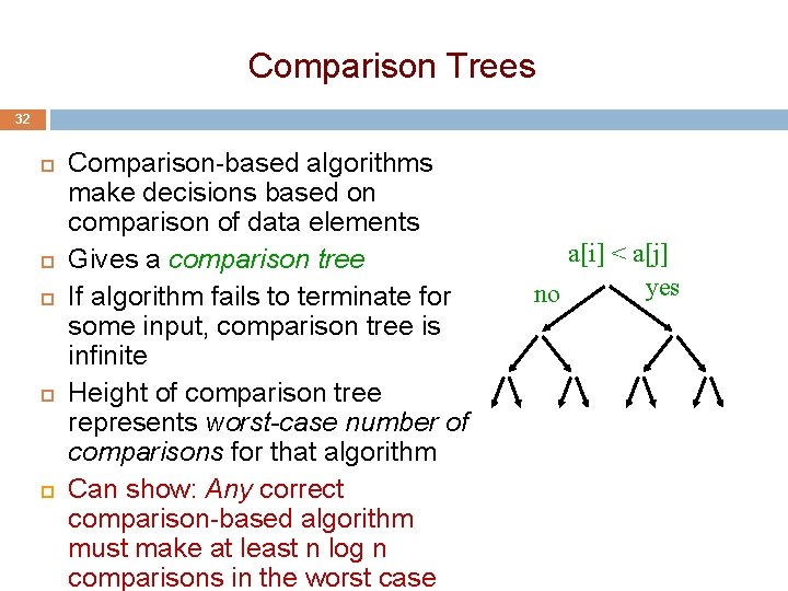 Comparison Trees 32 Comparison-based algorithms make decisions based on comparison of data elements Gives