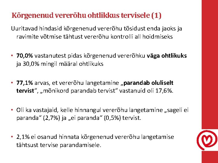 Kõrgenenud vererõhu ohtlikkus tervisele (1) Uuritavad hindasid kõrgenenud vererõhu tõsidust enda jaoks ja ravimite