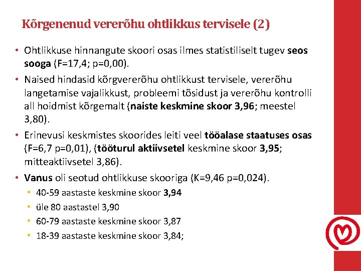 Kõrgenenud vererõhu ohtlikkus tervisele (2) • Ohtlikkuse hinnangute skoori osas ilmes statistiliselt tugev seos