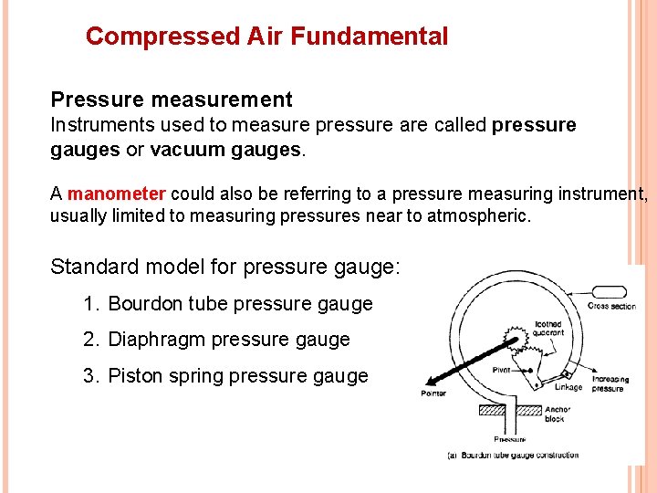 Compressed Air Fundamental Pressure measurement Instruments used to measure pressure are called pressure gauges