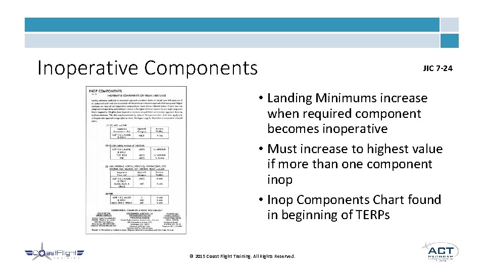 Inoperative Components JIC 7 -24 • Landing Minimums increase when required component becomes inoperative