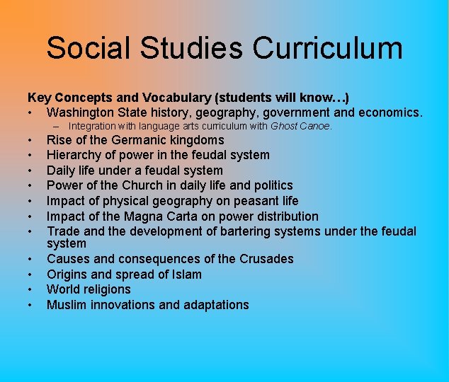 Social Studies Curriculum Key Concepts and Vocabulary (students will know…) • Washington State history,