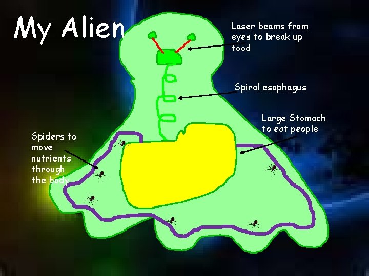 My Alien Laser beams from eyes to break up food Spiral esophagus Spiders to