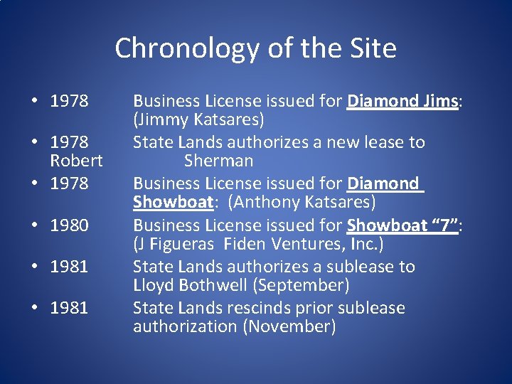 Chronology of the Site • 1978 Robert • 1978 • 1980 • 1981 Business