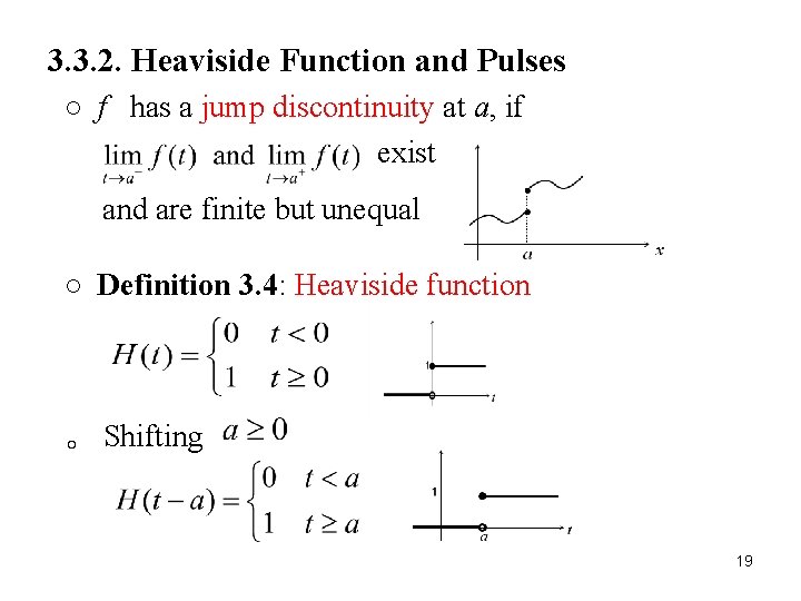 3. 3. 2. Heaviside Function and Pulses ○ f has a jump discontinuity at 3. 3. 2. Heaviside Function and Pulses ○ f has a jump discontinuity at