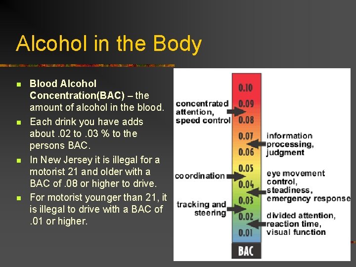 Alcohol in the Body n n Blood Alcohol Concentration(BAC) – the amount of alcohol