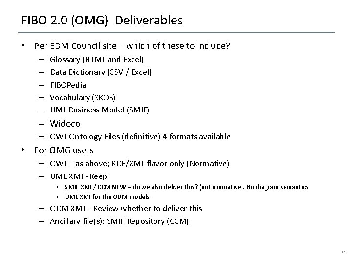 FIBO 2. 0 (OMG) Deliverables • Per EDM Council site – which of these