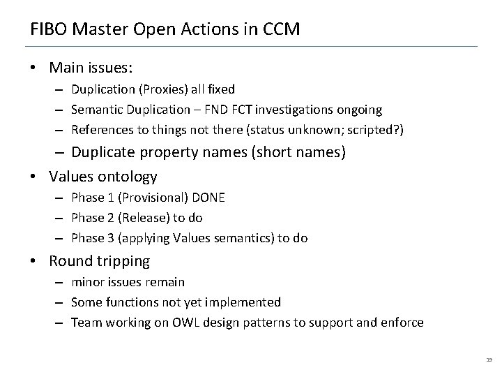 FIBO Master Open Actions in CCM • Main issues: – Duplication (Proxies) all fixed