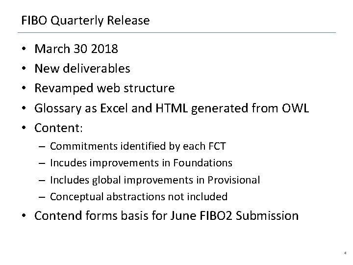 FIBO Quarterly Release • • • March 30 2018 New deliverables Revamped web structure
