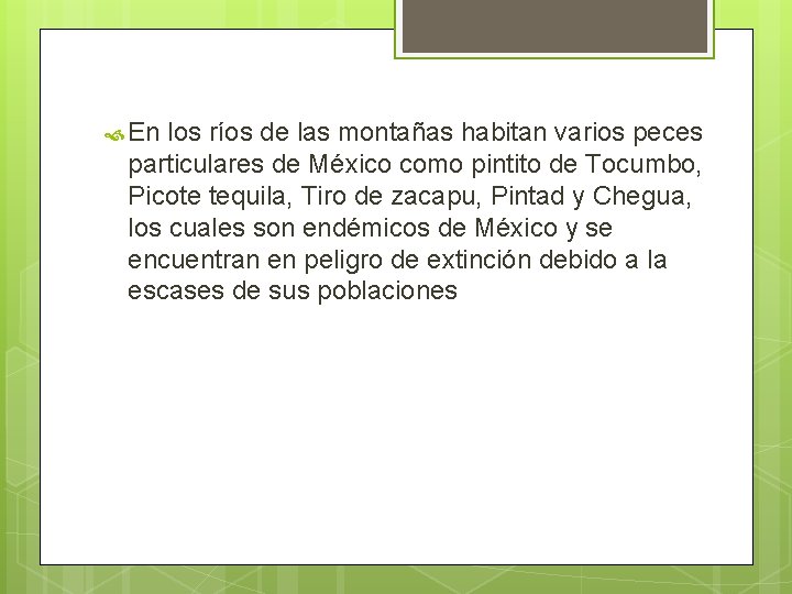  En los ríos de las montañas habitan varios peces particulares de México como