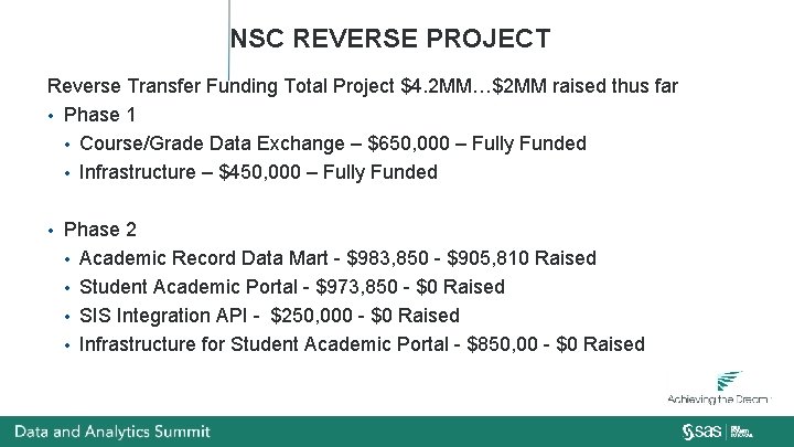 NSC REVERSE PROJECT Reverse Transfer Funding Total Project $4. 2 MM…$2 MM raised thus