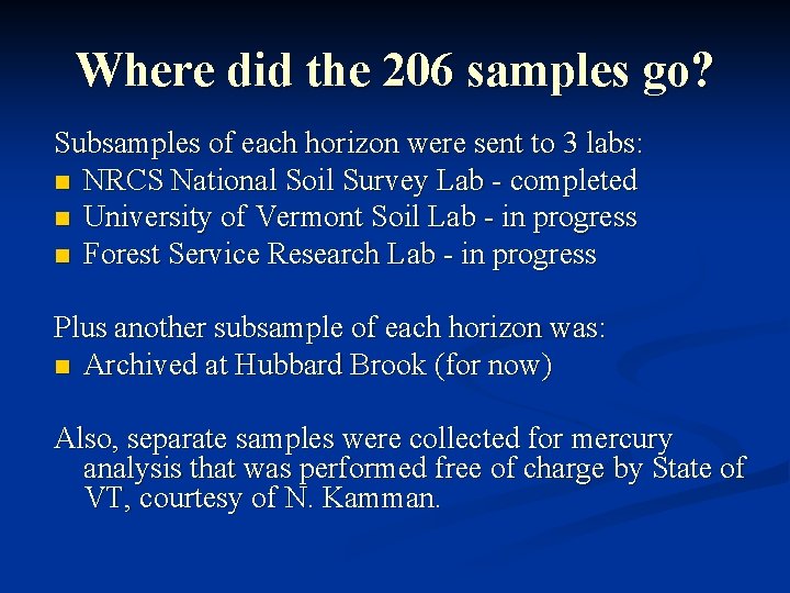 Where did the 206 samples go? Subsamples of each horizon were sent to 3