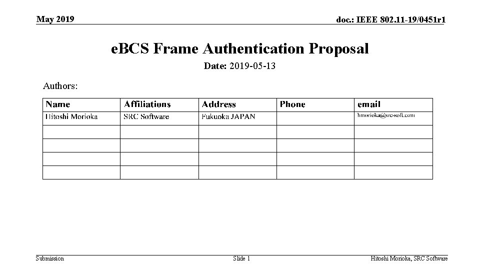 May 2019 doc. : IEEE 802. 11 -19/0451 r 1 e. BCS Frame Authentication