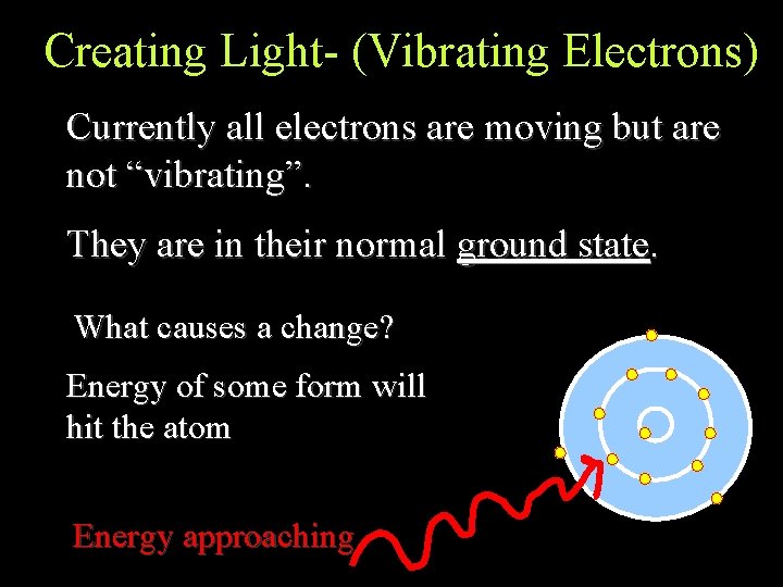 Creating Light- (Vibrating Electrons) Currently all electrons are moving but are not “vibrating”. They