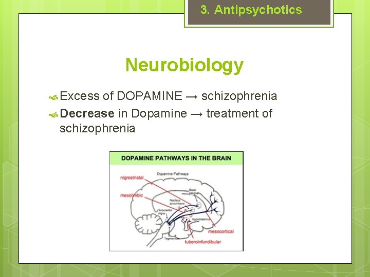 3. Antipsychotics Neurobiology Excess of DOPAMINE → schizophrenia Decrease in Dopamine → treatment of