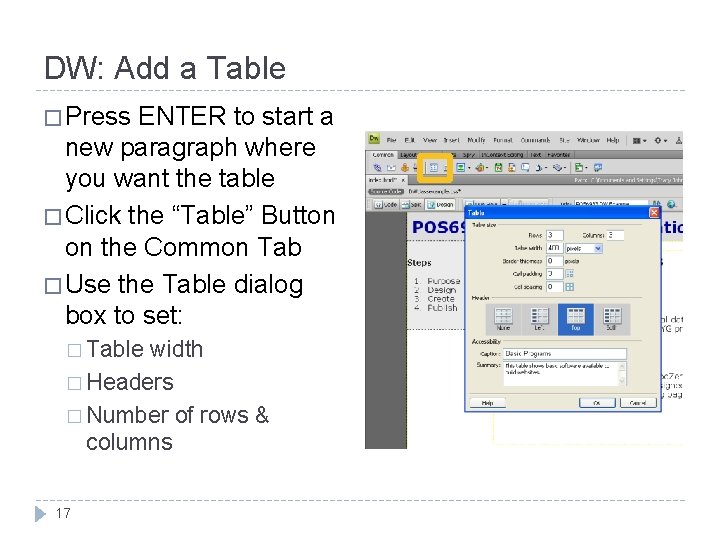 DW: Add a Table � Press ENTER to start a new paragraph where you