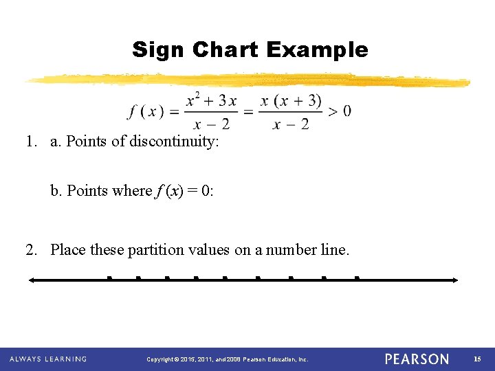 Sign Chart Example 1. a. Points of discontinuity: b. Points where f (x) =