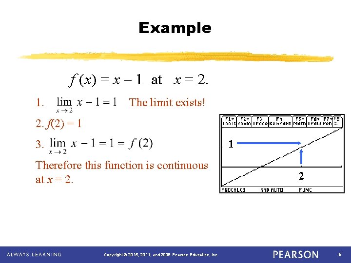 Example f (x) = x – 1 at x = 2. 1. The limit