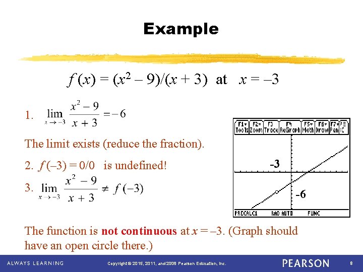 Example f (x) = (x 2 – 9)/(x + 3) at x = –