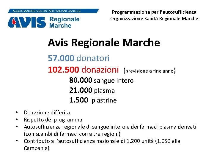 Programmazione per l’autosufficienza Organizzazione Sanità Regionale Marche Avis Regionale Marche 57. 000 donatori 102.