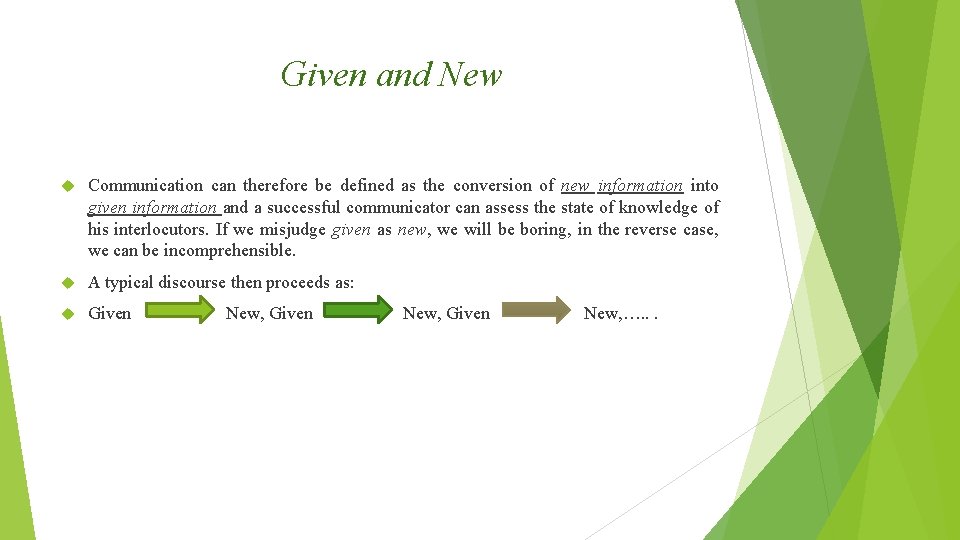 Given and New Communication can therefore be defined as the conversion of new information